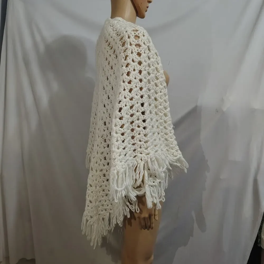 70s Cream Handmade Knit Acrylic Open-Knit Crochet Capelet Shawl Fringe Border OS